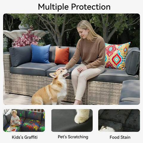 Woman sitting on patio furniture with dog, showing 14 Piece Waterproof Patio Cushion Covers For Outdoor Furniture With Zipper And Non Slip Bottom Covers Only For Full Sofa Makeover Fits 6 Seat 6 Back 2 Side Sectional Gray, protected from stains and scratches.