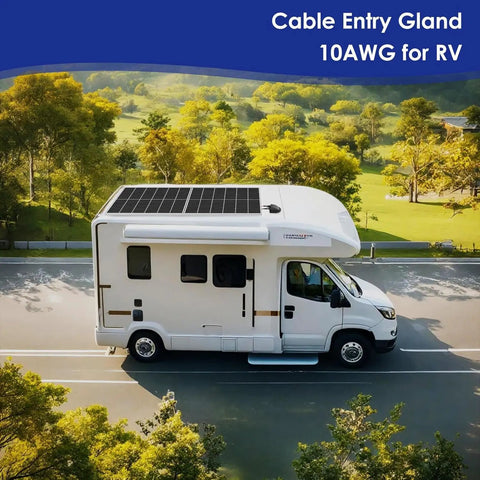 RV with waterproof solar cable gland entry housing and junction box for roof panels, equipped with 10 ft 10AWG solar extension cable.