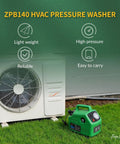 Portable HVAC Coil Cleaner Kit For Home And Pros, 120V 80W AC Washer, green pump beside outdoor AC unit