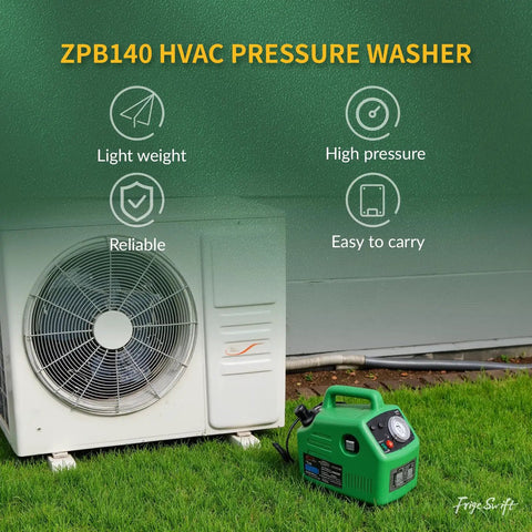 Portable HVAC Coil Cleaner Kit For Home And Pros, 120V 80W AC Washer, green pump beside outdoor AC unit