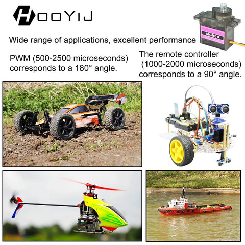 Four Pack MG90D Full Metal Gear Digital Micro Servo Motors with RC car, robo, helicopter, and boat applications shown