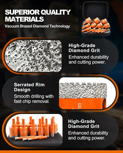 High Octane Diamond Core Drill Bit Set 13 Piece Hole Saw Kit Covering Quarter To Two Inches showcases high-grade diamond grit and serrated rims.