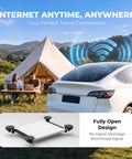 Heavy Duty Rock Solid Ultra Suction Cup Mount For Starlink Mini Dish Anti Shake Stability Rapid Install No Assembly Required For Car RV Boat Windshield Or Sunroof shown on vehicle roof in campsite setting.
