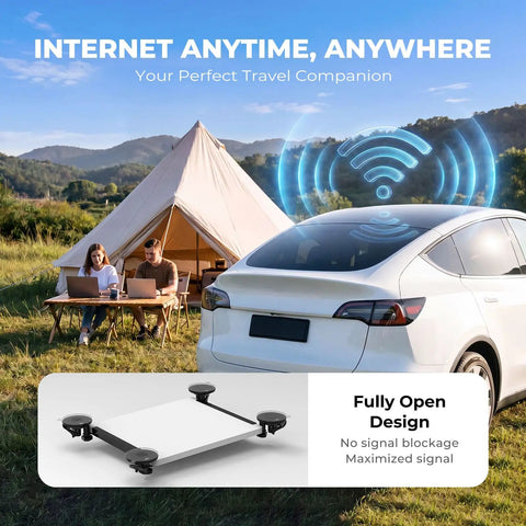 Heavy Duty Rock Solid Ultra Suction Cup Mount For Starlink Mini Dish Anti Shake Stability Rapid Install No Assembly Required For Car RV Boat Windshield Or Sunroof shown on vehicle roof in campsite setting.