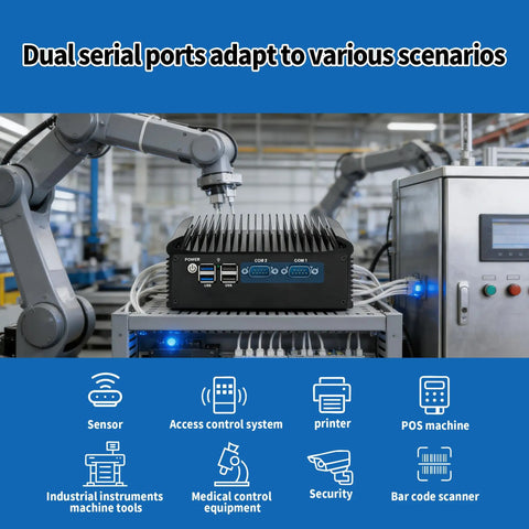 Heavy Duty Fanless Mini PC With N150 CPU, dual serial ports, compact design for industrial applications and networking.