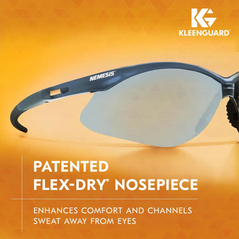 Close-up of V30 Nemesis Safety Glasses with copper blue shield lenses and patented Flex-Dry nosepiece on lightweight black frame