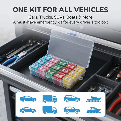 Road Ready 30 Piece Automotive Cartridge Fuse Assortment Kit 20 To 60 Amp Box Shape in toolbox with tools.