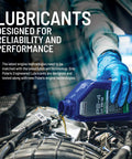 Person pouring PS-4 engine oil into engine with text 'Lubricants Designed for Reliability and Performance' visible