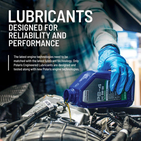 Person pouring PS-4 engine oil into engine with text 'Lubricants Designed for Reliability and Performance' visible