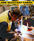 Flame Resistant Welding Sleeves For Men And Women One Size Arm Protection For Hot Work And Spatter Shield in use at welding station