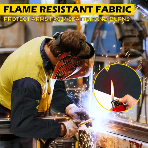 Flame Resistant Welding Sleeves For Men And Women One Size Arm Protection For Hot Work And Spatter Shield in use at welding station