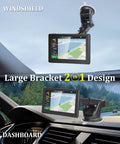 Universal Screen Mount For In Car Dash CarPlay Monitor Stand Plug And Play Setup Suction Cup Holder in use on windshield and dashboard.