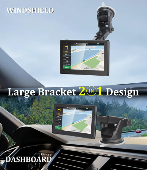 Universal Screen Mount For In Car Dash CarPlay Monitor Stand Plug And Play Setup Suction Cup Holder in use on windshield and dashboard.