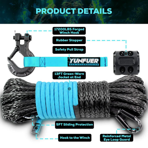 Beefy Heavy Duty 5/16 Inch 50 Foot Synthetic Winch Rope Kit With 12000 Lbs Break Strength, Protective Sleeve, and Hook