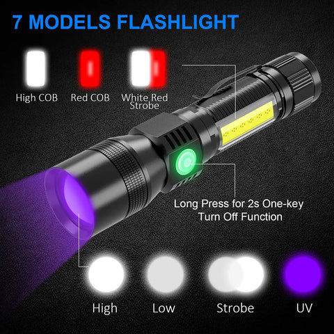 Rechargeable UV Flashlight 1200 Lumens 3 In 1 Black Light Beast Mode 7 Modes Zoomable IPX6 Waterproof displaying mode options