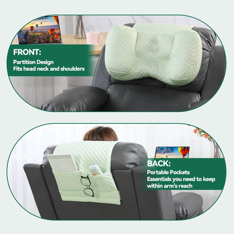 Green recliner neck pillow with pocket for side sleepers on chair, showing front headrest cushion and back storage pockets.