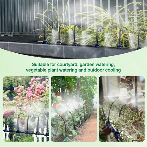 Automatic Garden Watering System With 39Ft Brass Misting Line And 12 Spraying Nozzles in action across gardens and plants