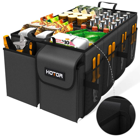 Foldable Car Trunk Organizer For SUVs And Sedans, Beefed Up Heavy Duty Construction, Four Large Compartments With Six Mesh Pockets