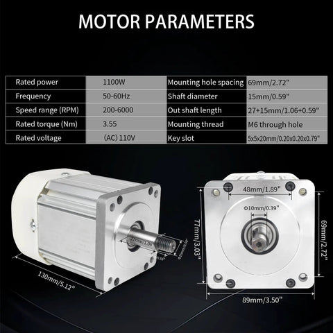 1100W AC Servo Motor Kit For CNC Machines 110V 1.1KW motor with dimensions and specifications chart.