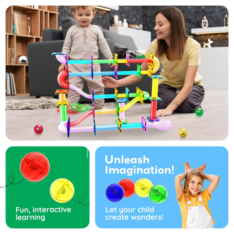 Child playing with Totally Fun 8 Piece Marbles For Magnetic Block Tiles Marble Run Tracks Set with colorful pieces
