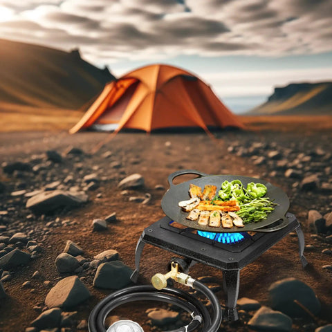 Single Burner Cast Iron Camping Stove With Adjustable Flame cooking vegetables at campsite with tent in background