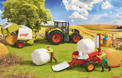 Scene with Claas Rollant 250 Round Baler Toy for Kids with tractors and workers on a farm, made from ABS plastic.
