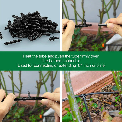 Drip Irrigation Fittings Kit For Quarter Inch Tubing, 110 Piece Set With 50 Couplings, shown in use with garden plants