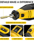 Beast Mode Electric Chainsaw Sharpener Kit with nine grinding heads and precision guide plate showcasing control buttons and titanium-plated bits.