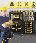 Heavy Duty 6 Tier Power Tool Organizer Cart With Built In Charging Station, Rolling Garage Tool Cart With 6 Wheels, 8 Hooks, Adjustable Shelves, Holds 700 Lbs Capacity shown in garage setting with tools.