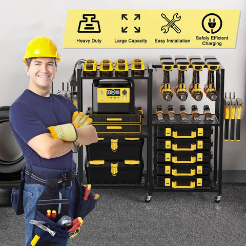 Heavy Duty 6 Tier Power Tool Organizer Cart With Built In Charging Station, Rolling Garage Tool Cart With 6 Wheels, 8 Hooks, Adjustable Shelves, Holds 700 Lbs Capacity shown in garage setting with tools.