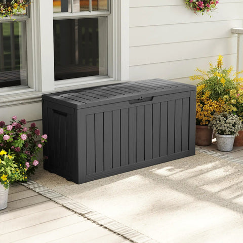 85 Gallon Outdoor Storage Box Resin Deck Box Waterproof UV Resistant With Reinforced Stability For Patio Garden And Poolside Striped Black Built To Last Storage For Cushions Toys And Tools