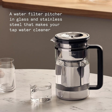 Glass Water Filter Pitcher With Stainless Steel Refillable Filter System No Plastic Waste Includes Granules 2.8L Jug