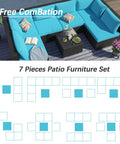 Top view of All Weather 7 Piece Outdoor Sectional Sofa Set With Waterproof Cover Wicker Patio Furniture Including Coffee Table Cushions And Rust Resistant Frame Blue Backyard Hangout Conversation Set For Garden And Patio