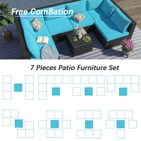 Top view of All Weather 7 Piece Outdoor Sectional Sofa Set With Waterproof Cover Wicker Patio Furniture Including Coffee Table Cushions And Rust Resistant Frame Blue Backyard Hangout Conversation Set For Garden And Patio