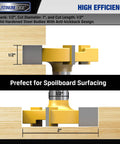 Diagram of 2 Inch Cutting Diameter CNC Spoilboard Surfacing Router Bit With Half Inch Shank And Three Carbide Wings in use on wood