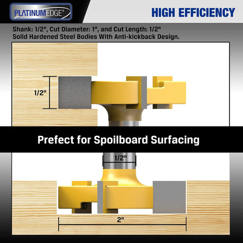 Diagram showing 1/2 inch shank router bit for surfacing with carbide blades and anti-kickback design, ideal for woodworking