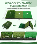All In One 10x7ft Golf Practice Net Set With Foldable Tri Turf Hitting Mat showing 35mm, 10mm green, and 10mm fairway sections