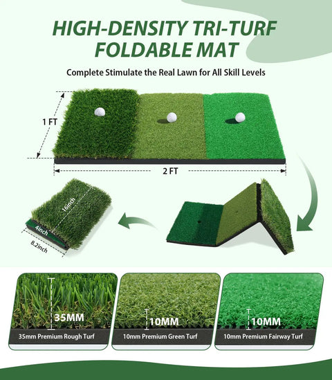 All In One 10x7ft Golf Practice Net Set With Foldable Tri Turf Hitting Mat showing 35mm, 10mm green, and 10mm fairway sections