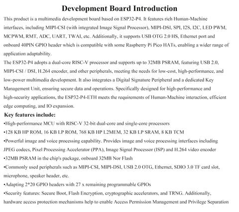 ESP32 P4 ETH Development Board Introduction with features like 100 Mbps ethernet, AI speech, speaker header, display, camera connectors