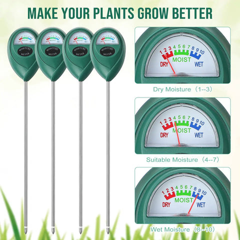 4 Pack Long 15.8 Inch Soil Moisture Meters With Deep Probes displaying moisture levels for garden and indoor plants