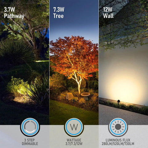 8 Pack Dimmable LED Landscape Lights, 12V Low Voltage, 5CCT 1800K to 5000K illuminating pathway, tree, and wall.