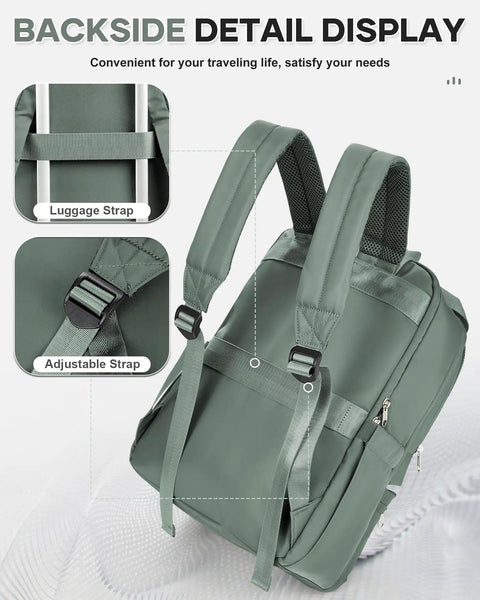Backside view of the lightweight travel backpack for personal item under seat fits Frontier size 15.74 x 12.2 x 5.51 inches.