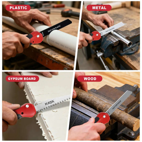 Five In One Folding Hand Saw For Drywall And More with quick change blades cutting plastic, metal, gypsum board, and wood