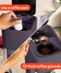 Single Serve Coffee Maker For K Cup And Ground Coffee, Removable Adjustable Drip Tray, shown with pod and ground coffee use options.