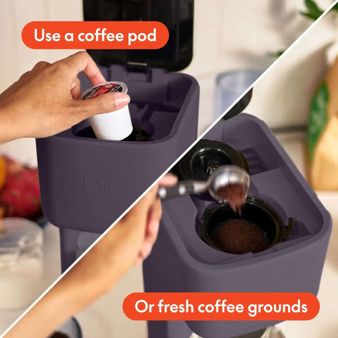 Single Serve Coffee Maker For K Cup And Ground Coffee, Removable Adjustable Drip Tray, shown with pod and ground coffee use options.