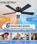 Slick 48 Inch Matte Black Flush Mount Ceiling Fan With Light For Modern Indoors showcasing reversible DC motor and 6 adjustable speeds.