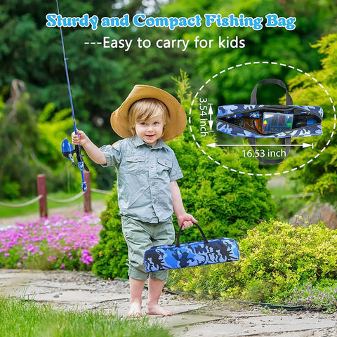 Child holding Kids Telescopic Fishing Rod And Spincast Reel Combo Kit For Boys And Girls All In One Totally Portable Fishing Set
