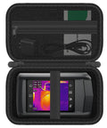Rugged Tough Portable Case for HP96, FLIR C5, C3-X and C8 Compact Thermal Cameras, Shockproof, With Carry Handle, Mesh Pocket, Elastic Straps, Protective Foam Interior, Case Only with thermal camera inside, open view.