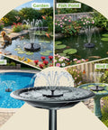 Solar Bird Bath Fountain with Six Nozzles, solar powered for garden, pool, bird bath, and pond use, showcasing bold water spray.