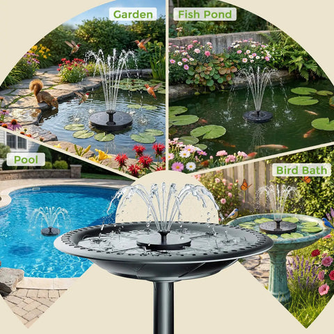 Solar Bird Bath Fountain with Six Nozzles, solar powered for garden, pool, bird bath, and pond use, showcasing bold water spray.